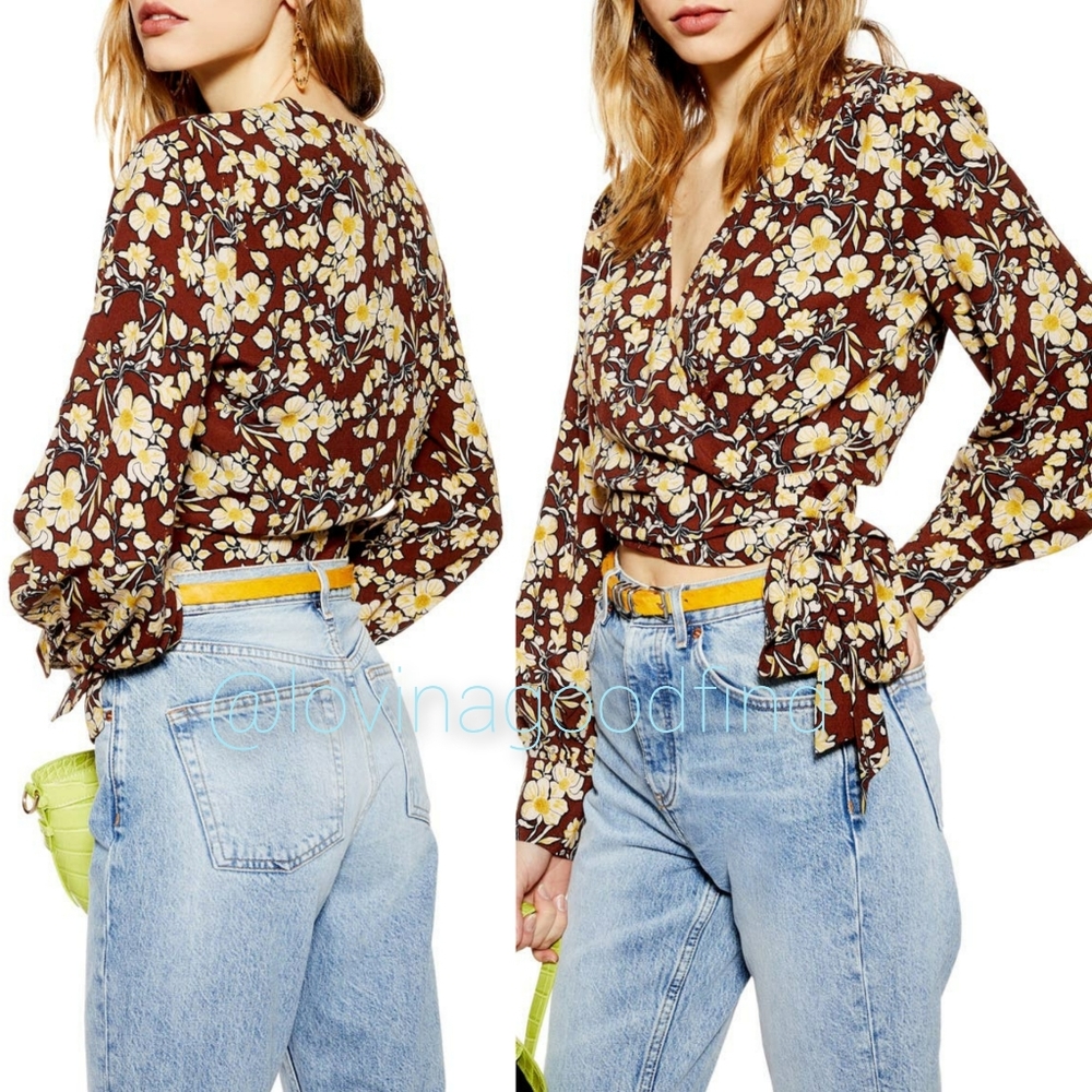 Topshop Floral Print Yellow Black Sienna Wrap Crop Top EUC sz 8